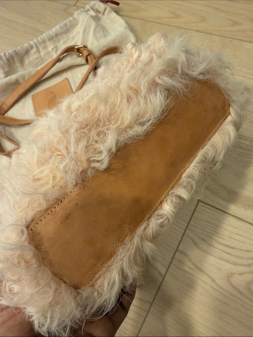 Brother Vellies Shearling Satchel Bag In Light Beige With Tan Trim — image 4 of 8